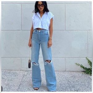 Zara high rise ripped wide leg jeans